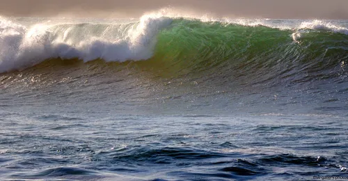 Light wave This landscape photograph captures a powerful light wave breaking along the coast in the United Kingdom on a clear autumn afternoon. The light filters through the crest of the wave, illuminating the greenish-blue water and highlighting the natural beauty of this coastal scene. The undulating ocean and the dynamic movement of the waves emphasize the raw energy of nature. The absence of urban features ensures the focus remains on the interaction between light and water, typical of the natural coastal environments found in the United Kingdom during the autumn season.
